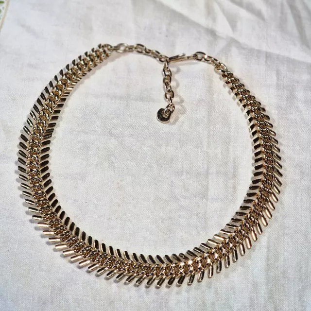 Vintage Costume Jewellery Gold Tone Fishbone  Chain Choker Style Necklace 1970