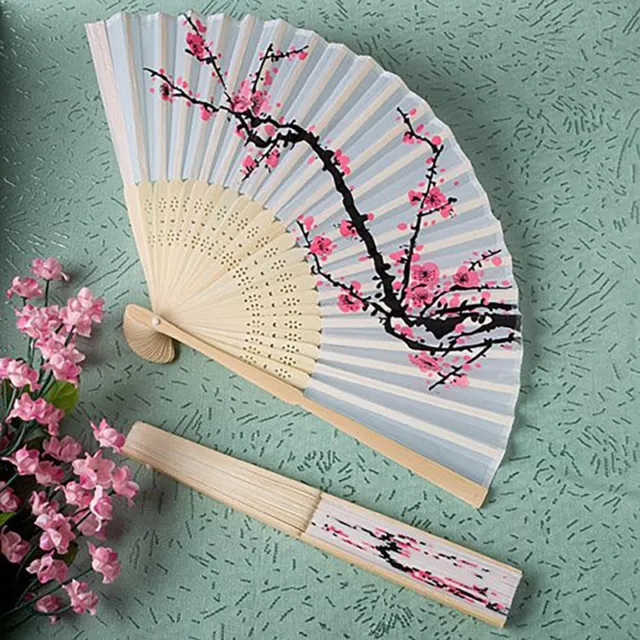 Chinese Folding Hand Fan Japanese Cherry Blossom Design Silk Costume Part