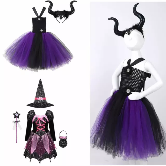 Girls Halloween Carnival Witch Costume Kids Holiday Party Tulle Dress Outfits