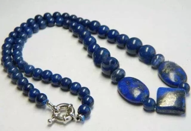 Real Natural Blue Egyptian Lapis Lazuli Round Gemstone Square Beads Necklace 18"