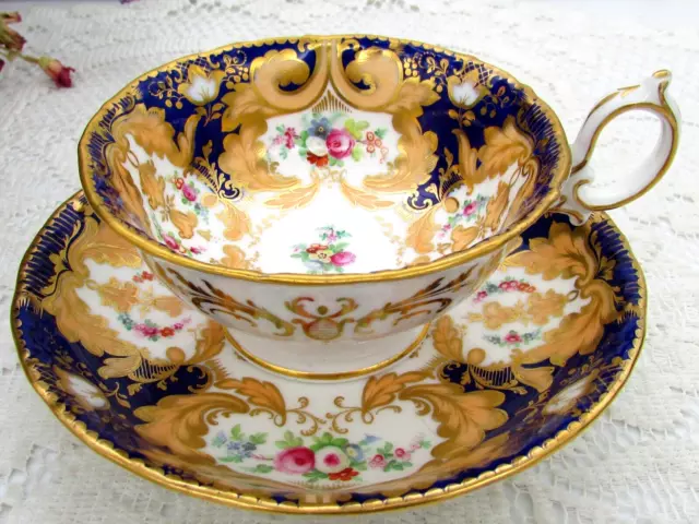 Antique H&R Daniels Cobalt Orange  Floral Gold Ornate Embossed Tea Cup & Saucer