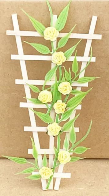 Yellow Roses On A Natural Finish Wood Trellis Tumdee 1:12 Scale Dolls House