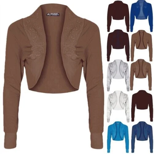 Donna Diamanti Borchiato Top Corto Aperto Cotone Bolero Cardigan Coprispalle