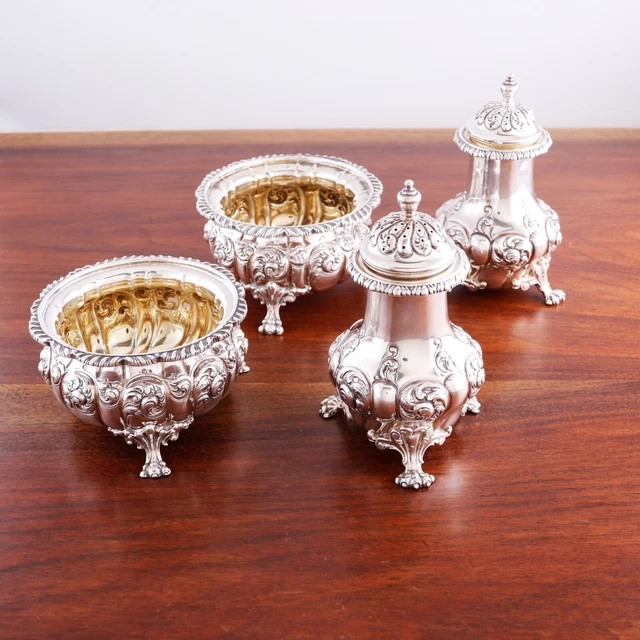 2 Huge Howard & Co Sterling Pairs Master Salt Cellars Pepper Shakers Repousse