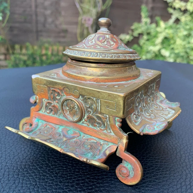 Art Nouveau Ornate Embossed Oval Portrait Patinated Brass Heavy Footed Inkwell