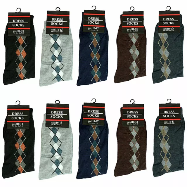 3-12 Pairs Mens Argyle Crew Multi Color Casual Dress Socks Cotton Size 10-13