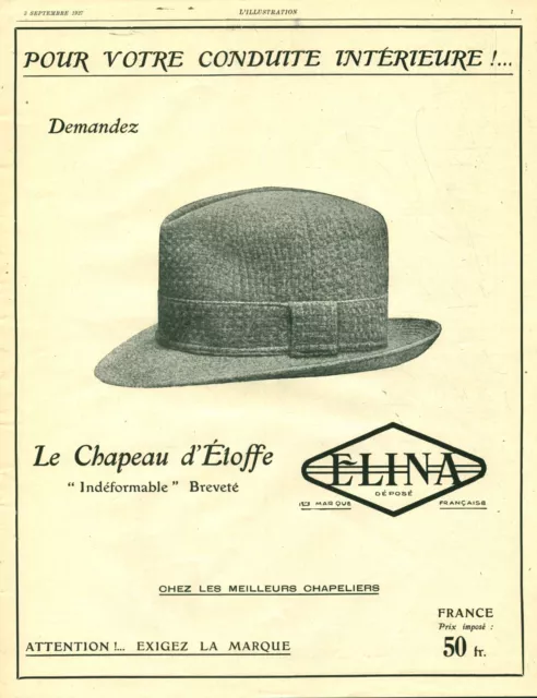 Publicité ancienne chapeau Elina 1927 issue de magazine
