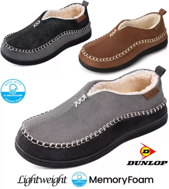 Mens Dunlop Memory Foam Slippers Winter Warm Fur Cosy Indoor Slip On Shoes Size