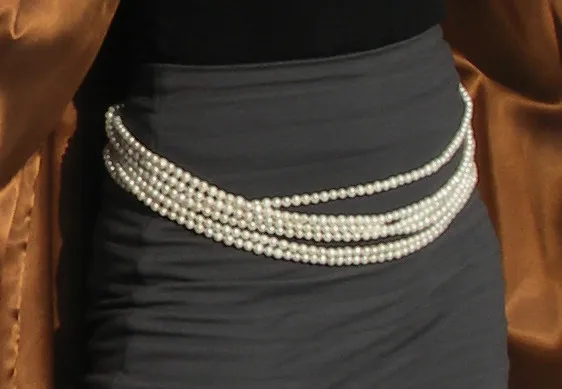 Custom 6 strand 9 mm white genuine cultured pearl necklace, belt  S-M 30-32 inch