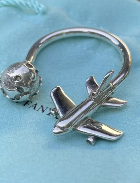 Tiffany & Co Sterling Silver Plane Globe Airplane Keychain Key Ring in Pouch Box