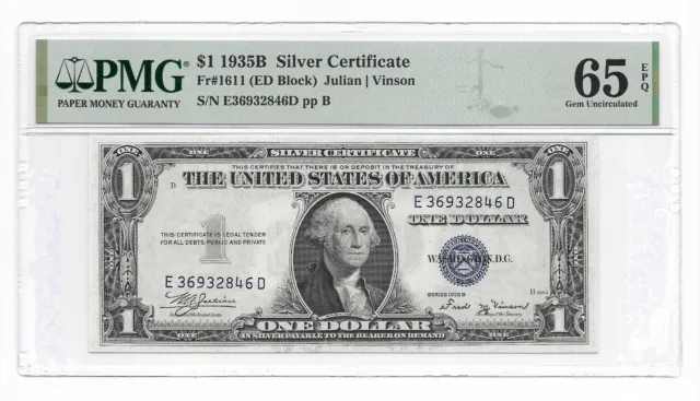 1935B $1 SILVER CERTIFICATE. PMG GEM Uncirculated 65 Banknote. E/D Block