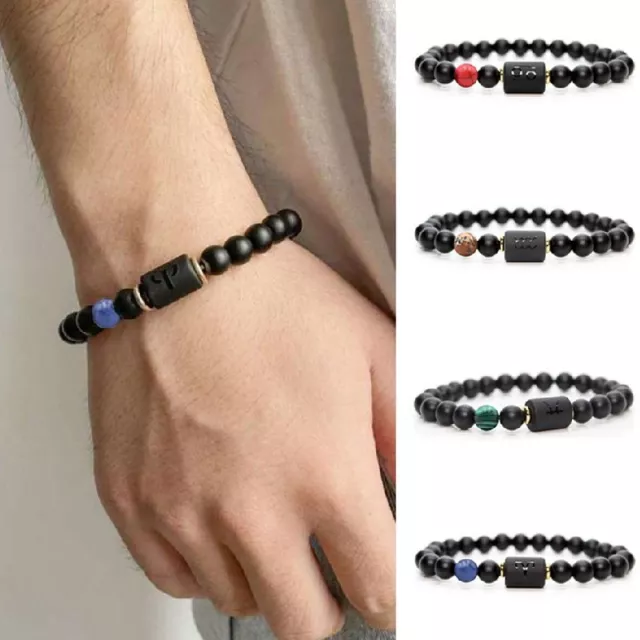 12 Zodiac Natural Stone Black Bead Bracelet Men Constellation Jewelry Birth Gift