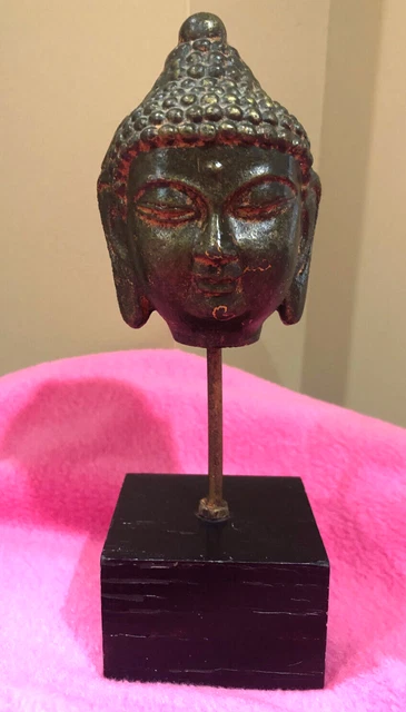 Metal & Patina Buddha Head Sculpture Statue 9" tall 4" head Wood base