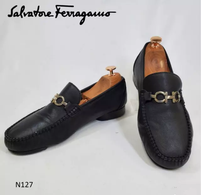 SALVATORE FERRAGAMO BLACK Leather Gancini Bit Loafers Slip-on Shoes Men ...