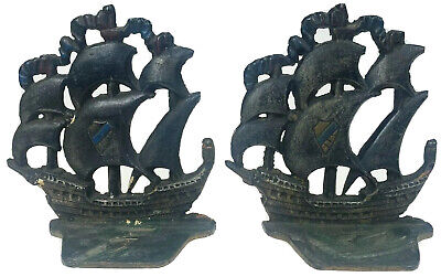 7” Cast Iron Metal Nautical Coat of Arms Sailing Ship Pirate Pair Bookends Vtg