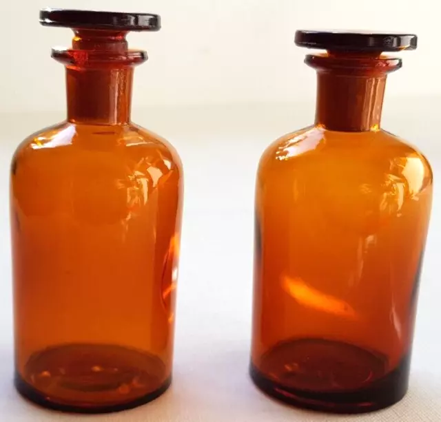 2 Apotheker Flasche mit Schliff-Stopfen 100 ml Braun Schmalhals Vintage