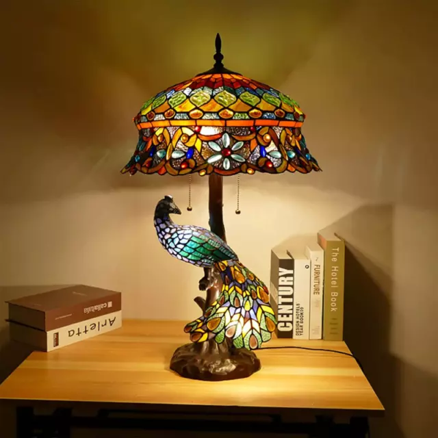 Peacock Tiffany Style Stained Glass Table Lamp, Vintage Handmade Decorative Desk