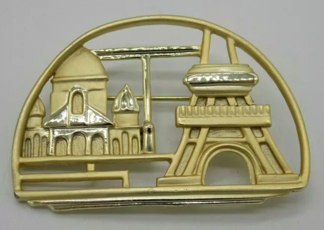 Vintage Signed AJC Paris France Brooch Pin Eiffel Tower Sacre Coeur Gold Tone