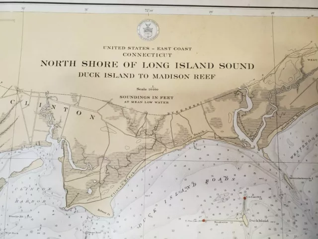 Vintage Nautical Chart #216 N Shore Long Island Sound 1937- 28 3/16 x 36 5/8"