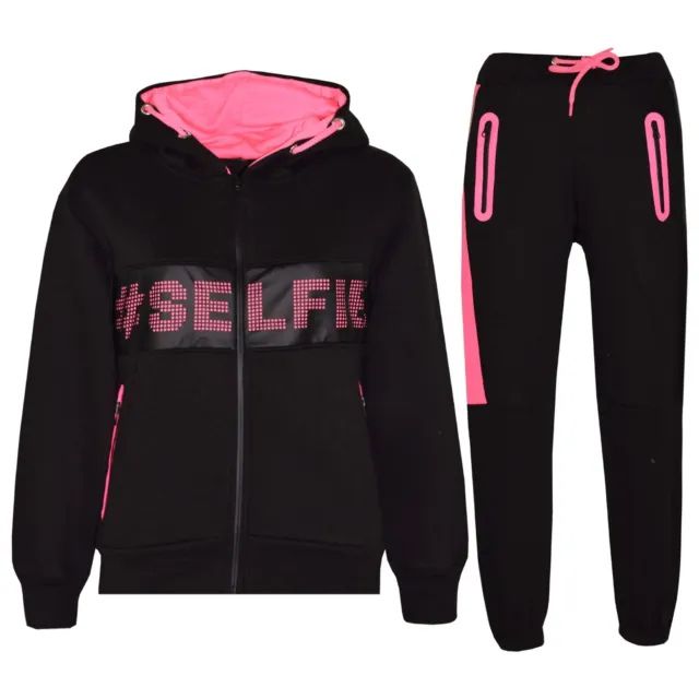 Kids Girls Tracksuit Designer #Selfie Zipped Top and Bottom Jogging Suit 5-13 Yr