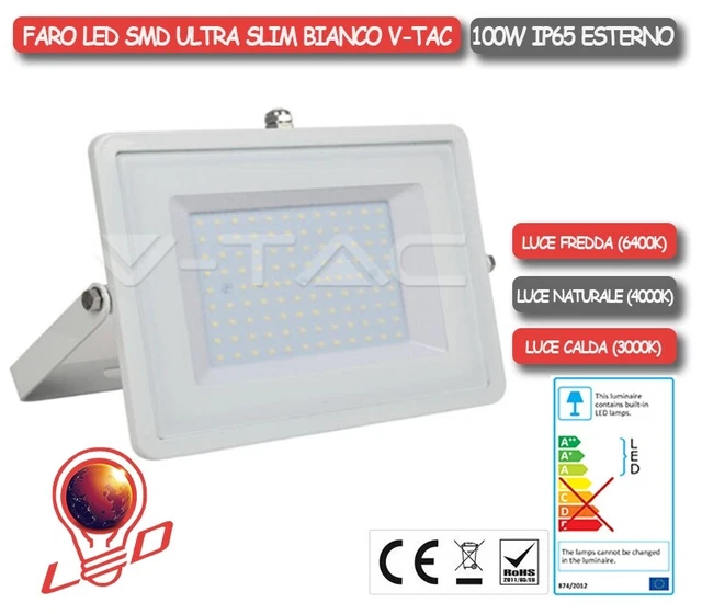 Faro Proiettore LED SMD 100w Ultraslim Corpo Bianco IP65   V-TAC VT-49101