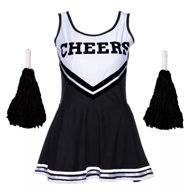 Black Cheerleader Halloween Fancy Dress Outfit School Uniform Costume Pom Poms