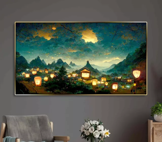 Japanese Fairy landscape with Chinese lanterns art poster or canvas print framed