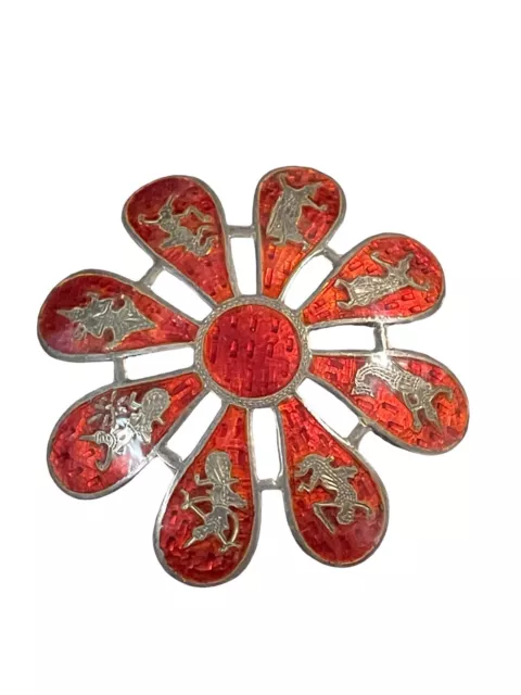 Vintage Thailand Siam Sterling Silver Niello Red Enamel Floral Brooch