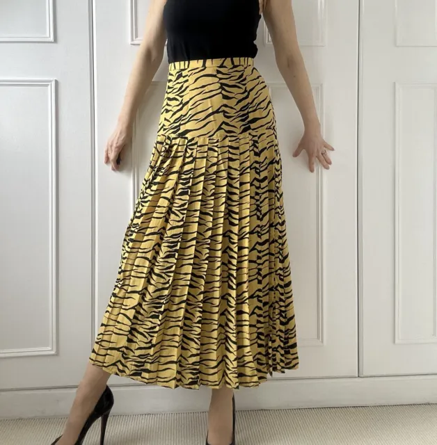 Rixo London Mustard Yellow Black Tiger  Print Pleated, Silk Skirt, Size S