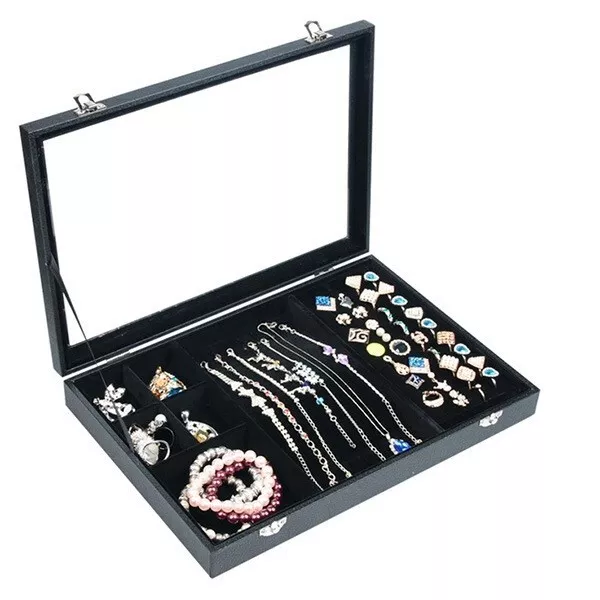 Jewellery Box Organizer Display Case with Velvet Lining Transparent Glass Lid UK 2