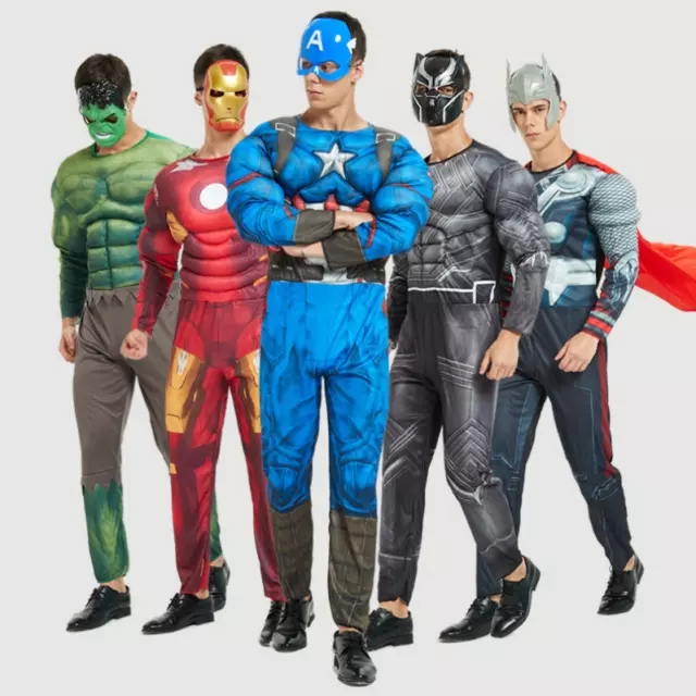 Adult Men's Superhero Costume Muscle Jumpsuit Mask Cape Marvel Cosplay Halloween