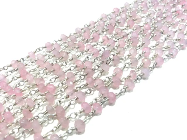 10 Feet Rose Quartz Chalcedony Rondelle 4-4.5mm Beads, Rosary Chain Silver Wire