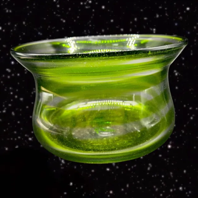 Hand Blown Art Glass Bowl Dish With Clear Green Strips Optic Small Bubbles 7”W