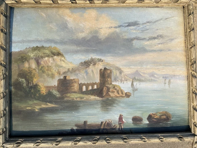 Tableau Ancien Signé Hercourt - Marine à La Barque Et Voiliers - Cadre Sculpté