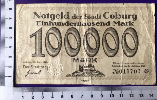 Coburg Stadt 100 Tsd Mark 15.8.23, Pick 151f;  Erh IV