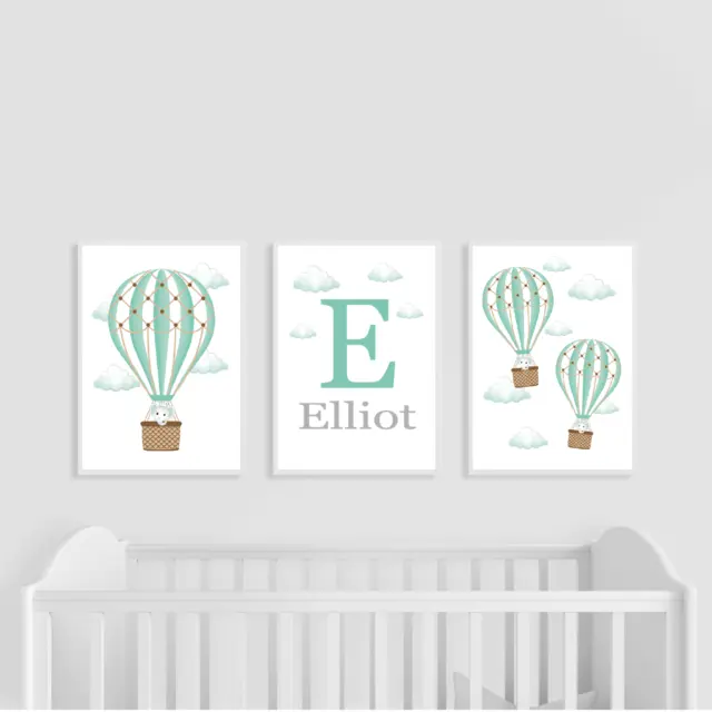 Hot Air Balloon Nursery Prints, Set of 3, Teal, Green, Personalised, Elephant