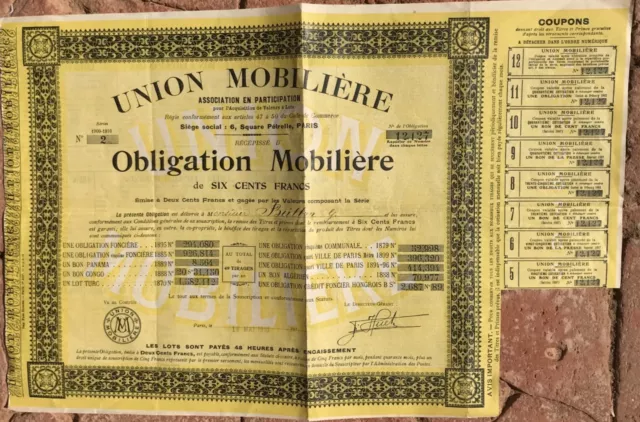 Titres : Obligation Union Mobilière de 600 Francs - 1910