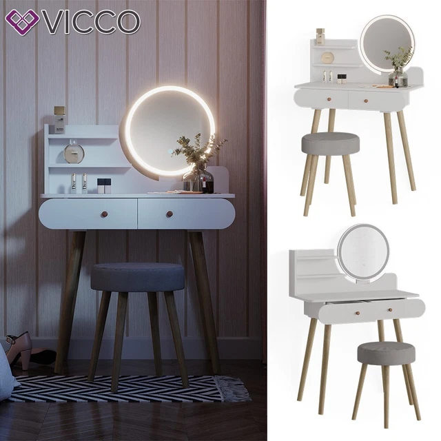 Coiffeuse Zoey Blanc Et Rose Avec Miroir LED Et Tabouret - Vicco - Design Moderne