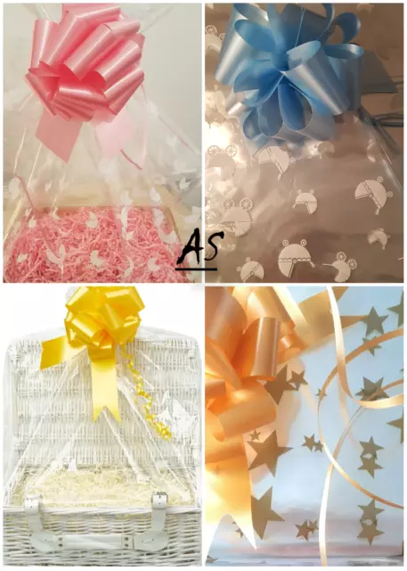 LARGE Clear Cellophane Bags, Bows, HAMPER Wrap DIY GIFT BABY MUM Christmas Sale