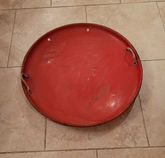 Vtg Sled Steel Metal Red Round 26" Disc Flying Saucer Handles Tow Rope Hole Snow