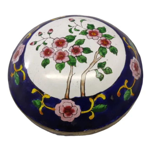 Antique Chinese Blue Cloisonné  Trinket Vanity Dresser Box Jar Enamel Floral