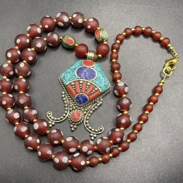 Old mosaic glass Beads with Nepalese Brass stones Pendant Beautiful Necklace