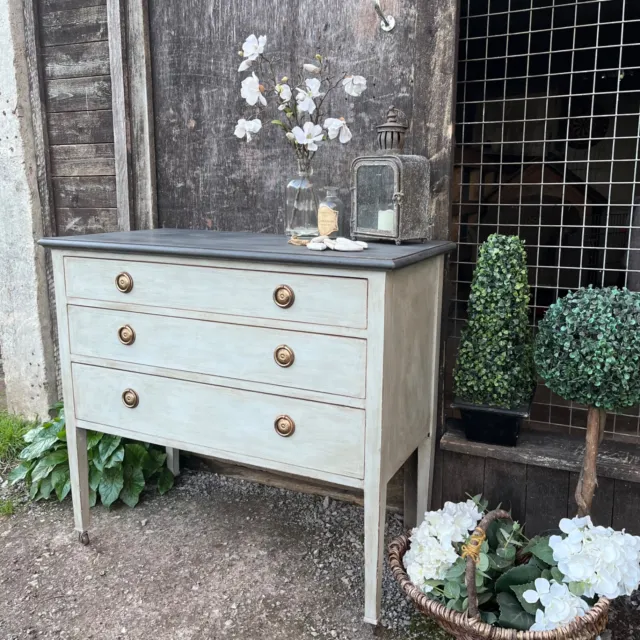 Grey Hand Painted Vintage Gustavian Country Style Chest of Drawers on Castors