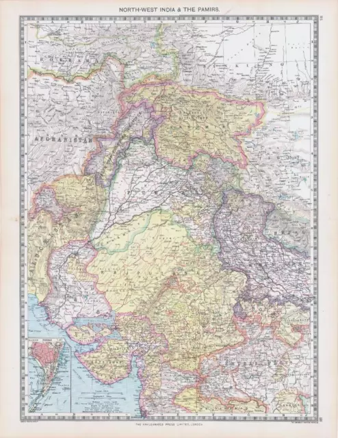 c1907 Large Antique Map NORTH WEST INDIA THE PAMIRS Kashmir Punjab Tibet (ISM)
