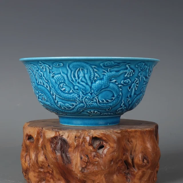 China Qing Dynasty Freehand Sketching Monochrome Glaze Porcelain Dragon Bowl
