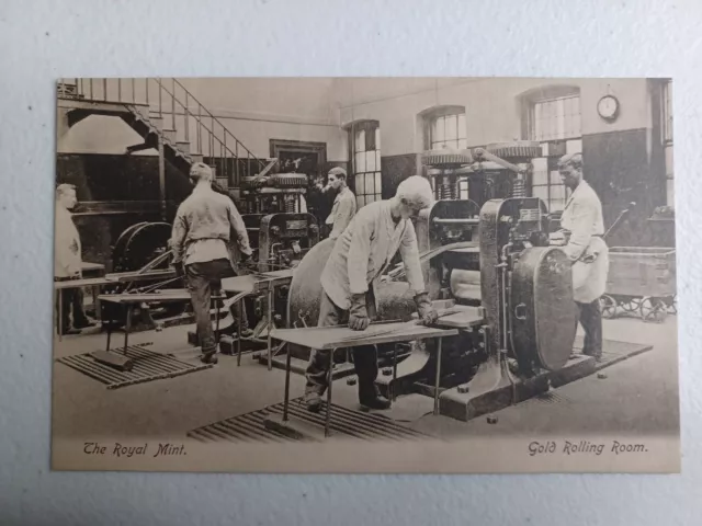VINTAGE REAL PHOTO POSTCARD THE ROYAL MINT, Gold Rolling Room Wrench Series