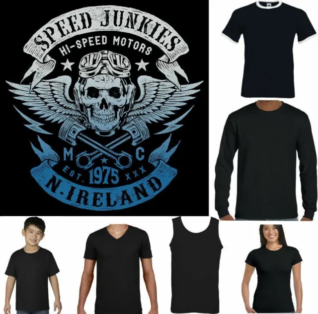 Biker T-Shirt N.Ireland Mens Motorbike Motorcycle Speed Junkies Cafe Racer Top