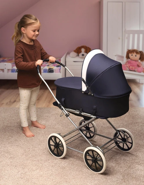 18-in. Convertible Doll Pram Carrier Stroller 3-in-1 Pretend Play Toy Navy/White