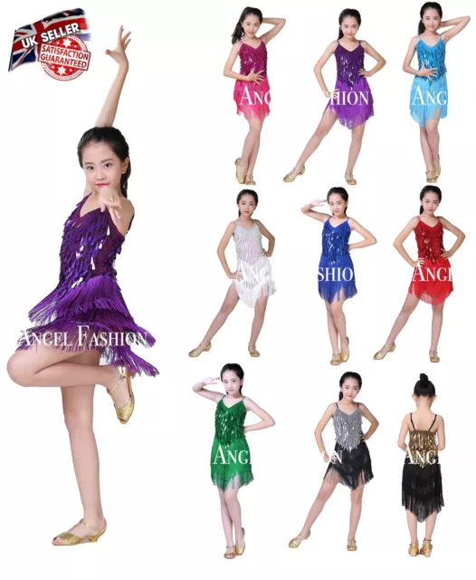 UK Kids Girl performance Sparkling Sequins Tassel Salsa Tango Latin Dance Dress