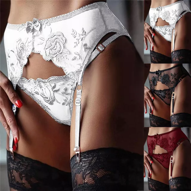 Women Lace Floral Garter Belt Lingerie Sexy Suspender Belt+Sheer G-string Set 3